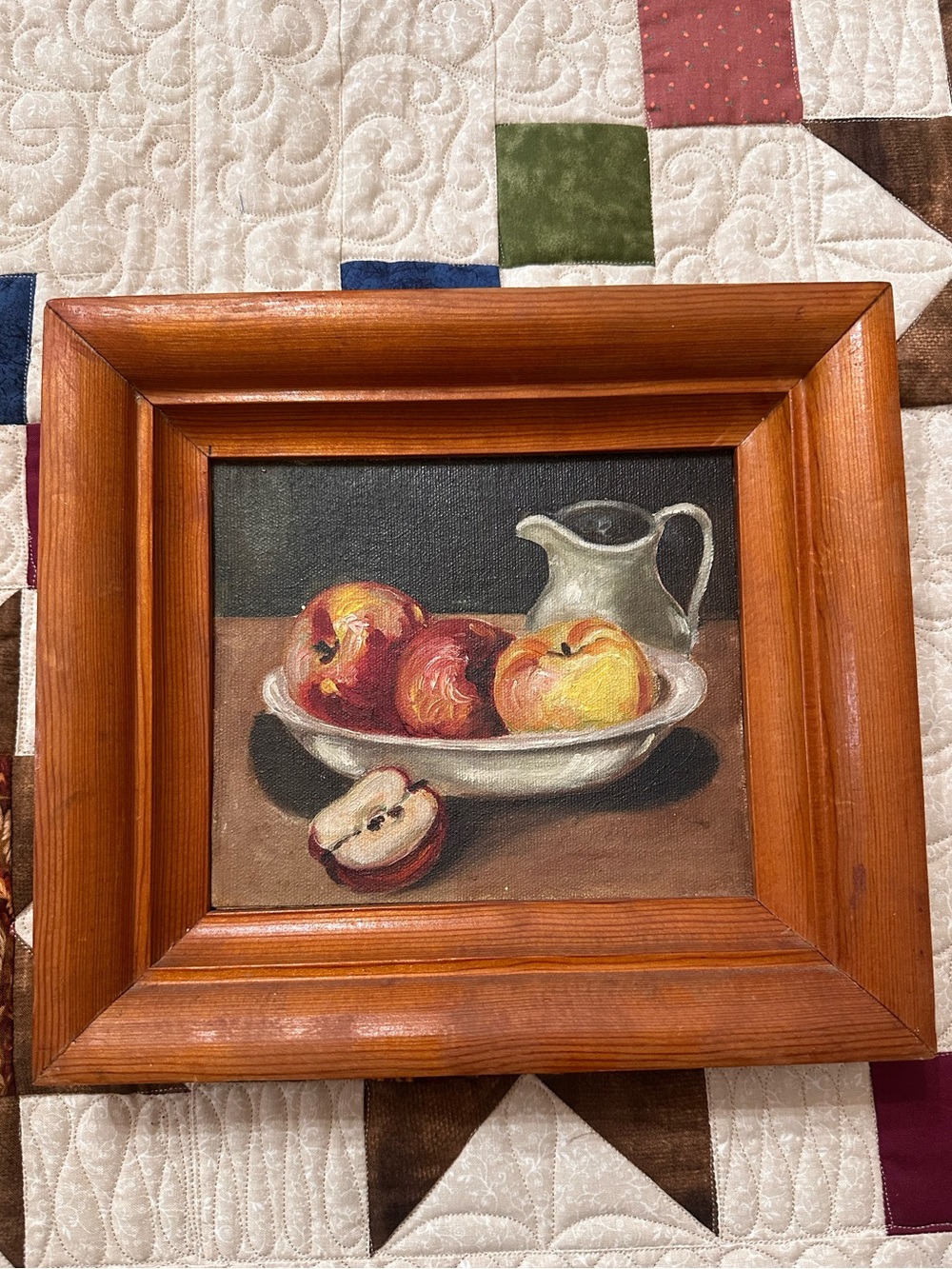 Still Life Apples & Oranges Canvas Wall Art in Warm Wood Frame